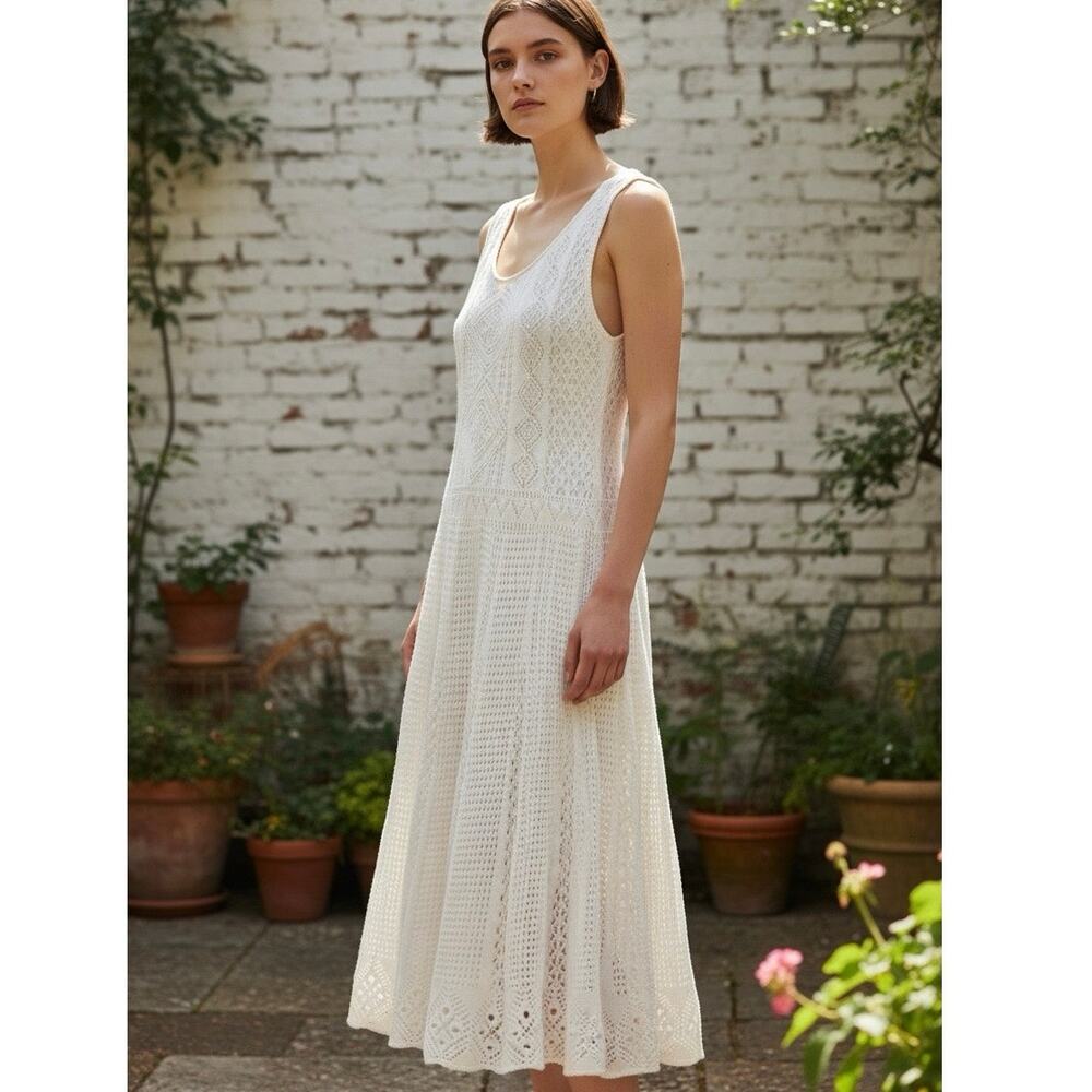 RARE Polo Ralph Lauren cotton crochet knit A line midi dress white ivory XL